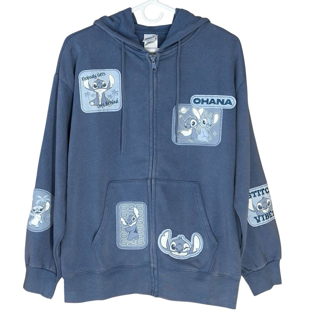 Disney Stitch Hoodie Ohana Blue Full Zip Graphic Sweatshirt Womens M NWT